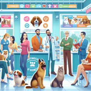 A vibrant and lively veterinary clinic scene filled with diverse pet owners of Caucasian, Hispanic, and Asian descent, joyfully interacting with their dogs and cats. An approachable veterinarian engages in friendly conversation with the pet owners, showcasing a warm atmosphere. The clinic features colorful graphics and symbols promoting services, enhancing the competitive ambiance. The overall setting emphasizes the significance of veterinary care alongside effective business marketing in a bustling environment.