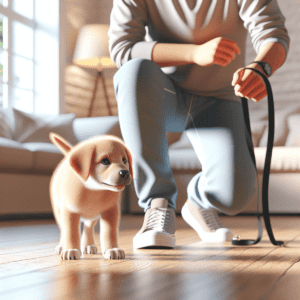 A young puppy playfully sniffing the ground in a cozy home, with a Caucasian individual gently guiding it towards an outdoor space, embodying a sense of connection and affection in a cheerful atmosphere while potty training.