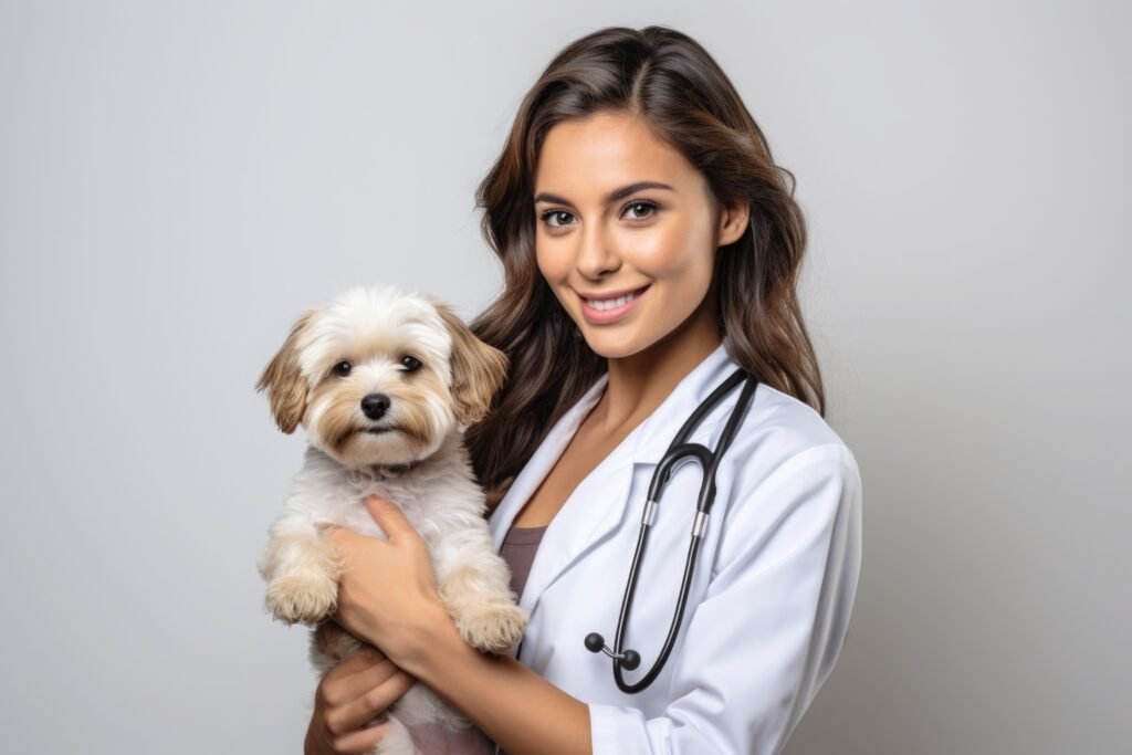 A young female veterinarian holding a small dog