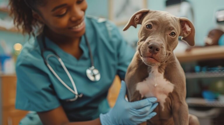 A young, black, female vet tech examining a puppy.