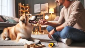 A joyful dog eagerly receiving a treat from a Caucasian individual in a cozy home, surrounded by a soothing ambiance. Pet training accessories like clickers and toys are subtly visible in the background, illustrating the bond of trust and respect between them.