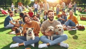 A vibrant park scene filled with diverse groups of people enjoying a sunny day, featuring a joyful Caucasian woman and an Asian man laughing together while playing with their dogs. The park has various dog breeds, from small terriers to large retrievers, each showcasing different temperaments. Surrounding them are families and friends of various descents, all engaged in activities like picnicking, walking, and playing fetch, creating an atmosphere of harmony and companionship between humans and their pets. The image captures the essence of friendship and the joy of sharing life with dogs.