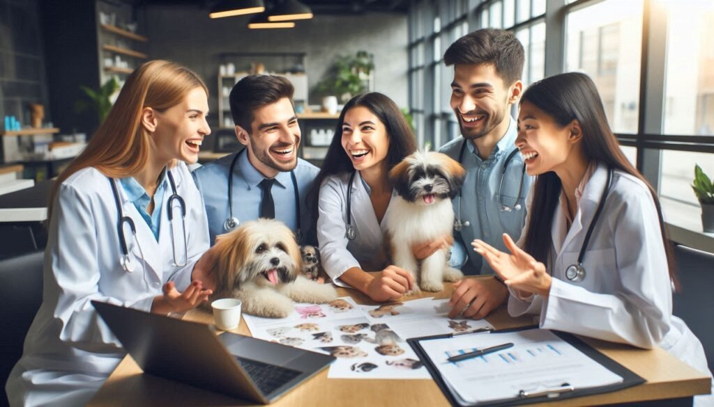 A diverse group of veterinarians, including a Caucasian woman, a Hispanic man, and an Asian woman, engaged in an animated discussion around a table in a modern veterinary clinic. They are reviewing pet health charts with a laptop open in front of them. The room is lively with various cheerful pets, highlighting teamwork and innovation in veterinary marketing.