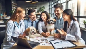 A diverse group of veterinarians, including a Caucasian woman, a Hispanic man, and an Asian woman, engaged in an animated discussion around a table in a modern veterinary clinic. They are reviewing pet health charts with a laptop open in front of them. The room is lively with various cheerful pets, highlighting teamwork and innovation in veterinary marketing.