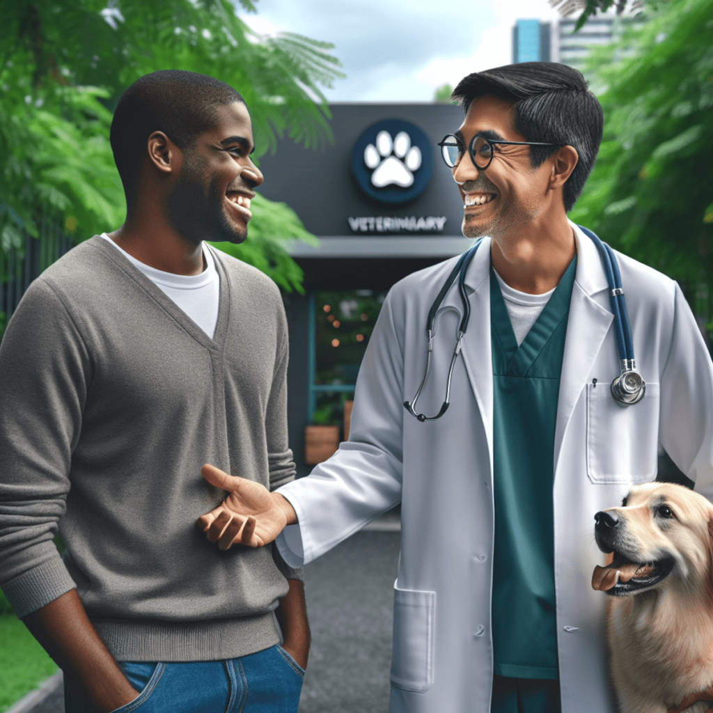 A friendly Hispanic veterinarian smiles as he converses with a delighted Black pet owner, who is holding an energetic dog, outside a veterinary clinic showing a successful launch of Google My Business for Veterinary Practice
