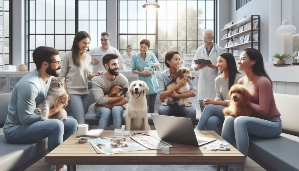 A photorealistic image of a diverse group of pet owners, affectionately interacting with their dogs and cats inside a bright veterinary clinic. The environment is welcoming, featuring open laptops and brochures related to pet health and nutrition, creating an atmosphere that is friendly and informative, while highlighting the of veterinary blog content and clinics.