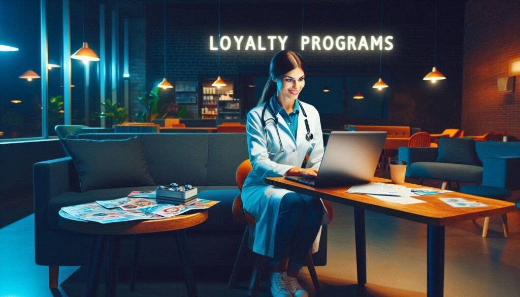 A female veterinarian hard at work on her computer late at night at her clinic. She appears to be hard at work for loyalty programs as a sign above her suggests. The image is intended to show the importance of crafting effective loyalty programs for veterinary clinics.