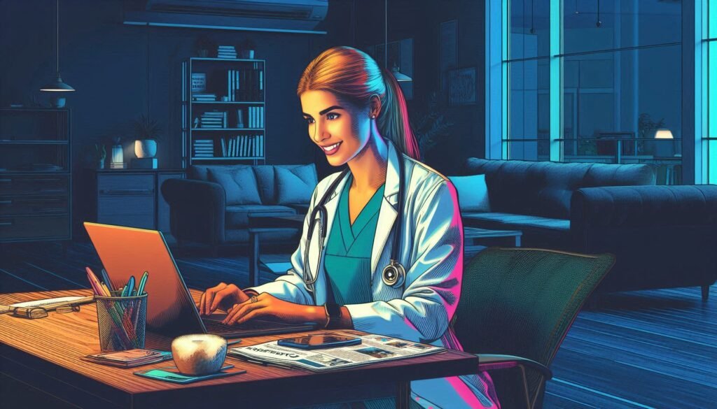 A young, female veterinarian hard at work at her laptop inside of her clinic. The image showcases the need to craft compelling content for veterinarian clinics web presence.