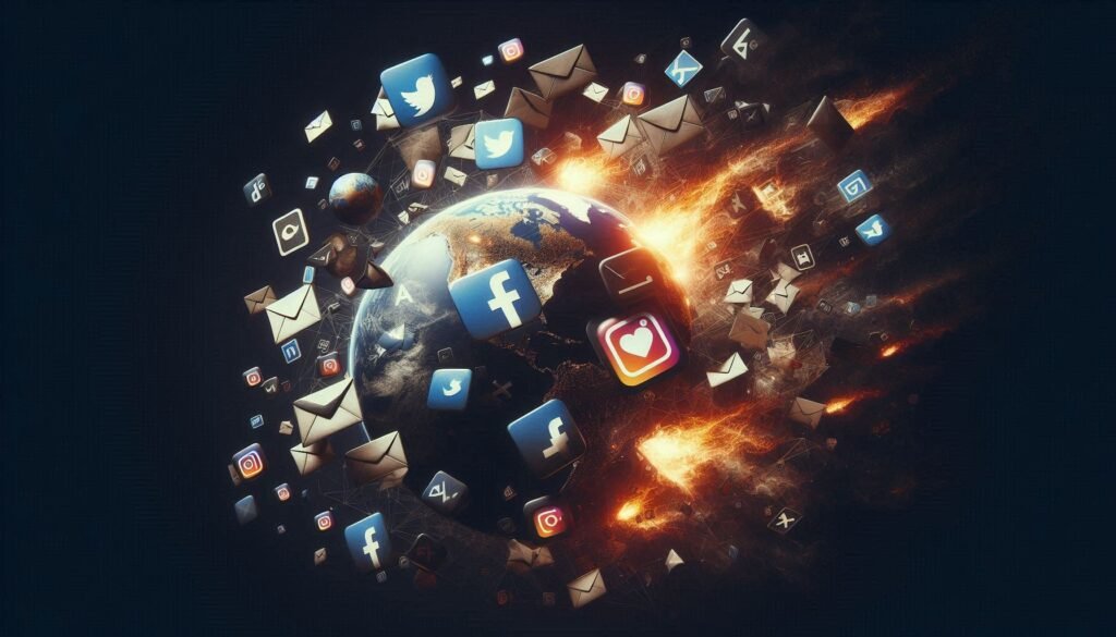 A planet flying through dark space with many email envelope images and social media icons flying through darkness with flames trailing. Meant to suggest the speed and importance of effective communication options available.