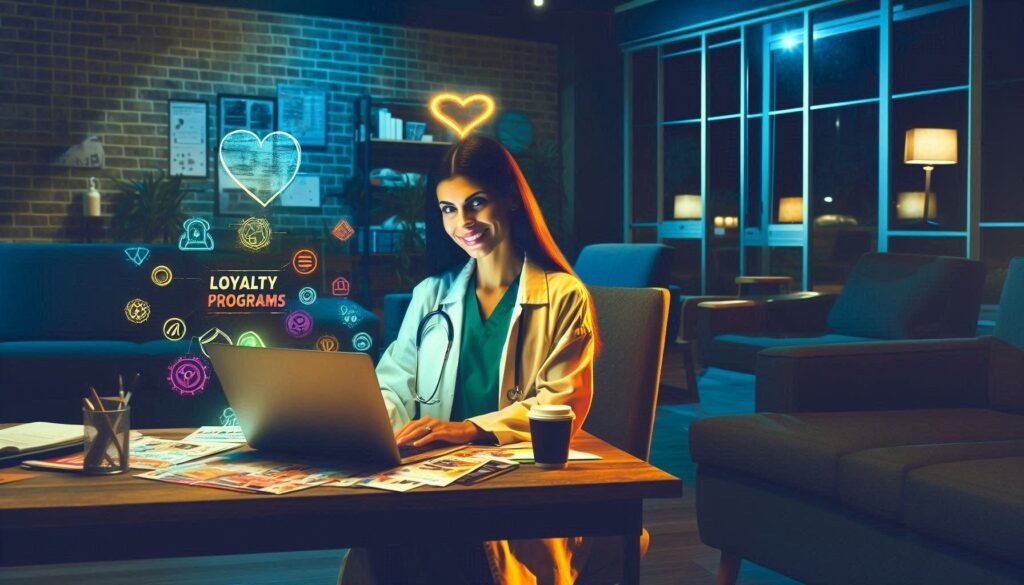 A young, Caucasian, veterinarian woman hard at work on her laptop. Images of loyalty programs, hearts and other trust icons are displayed showcasing the importance of trust in your promotional offers for veterinary practices.