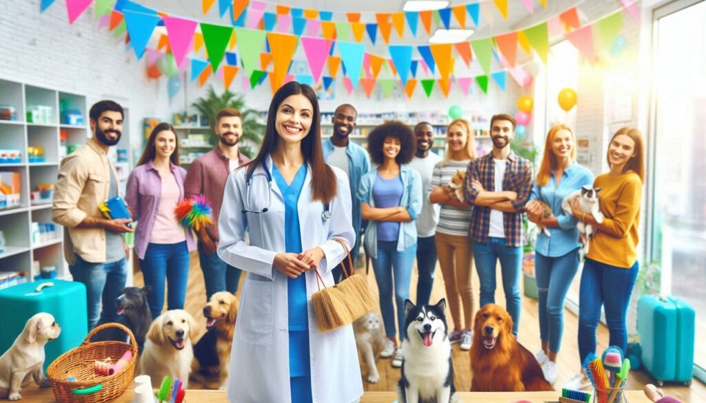 A young woman in a busy veterinary clinic. There are many customers and pets all surrounding her as they pose for a photograph. Banners hang from the ceiling showcasing the success of a recent promotional offer.