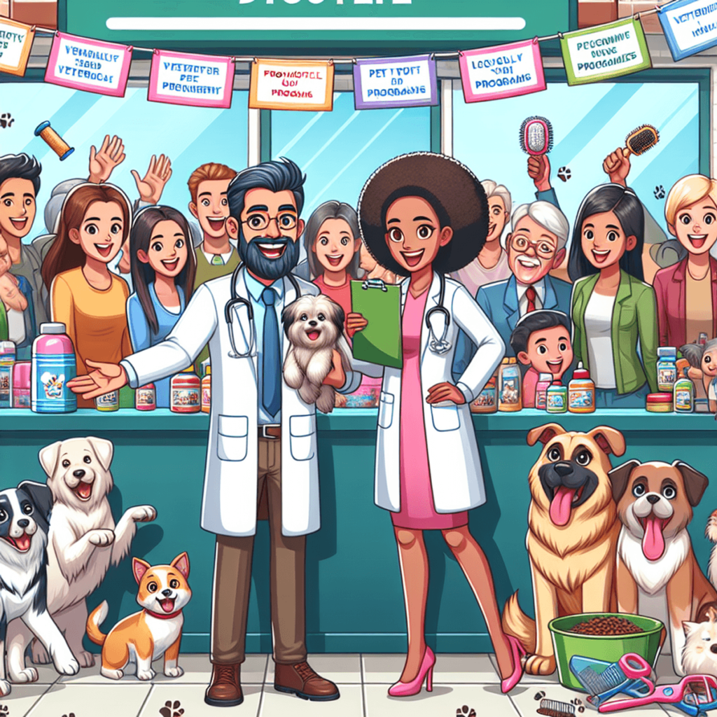 A colorful cartoon-style illustration featuring two friendly veterinarians, one Caucasian and one Hispanic, standing in a bustling veterinary clinic, showcasing promotional offers for veterinary services.