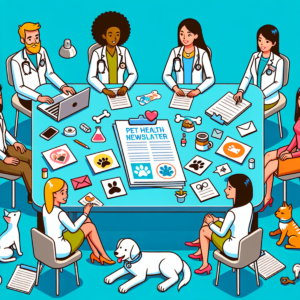 A cartoon image featuring a diverse group of three veterinarians: a Caucasian female, a Hispanic male, and an Asian female, sitting around a rectangular table crafting a veterinary newsletter.