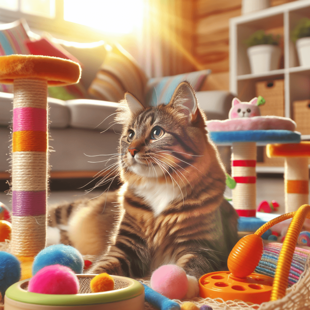 A cheerful Hispanic tabby cat joyfully playing among colorful scratching posts and interactive toys in a sunlit living room, showcasing the important decision for pet owners of indoor vs. outdoor cats