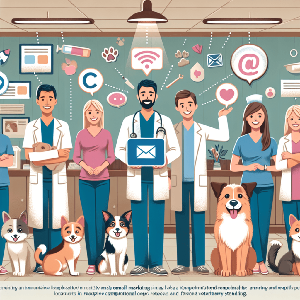 A colorful cartoon scene inside a veterinary clinic featuring a diverse group of veterinary professionals, including Caucasian and Hispanic individual all their to showcase the benefits of effective veterinary email marketing.