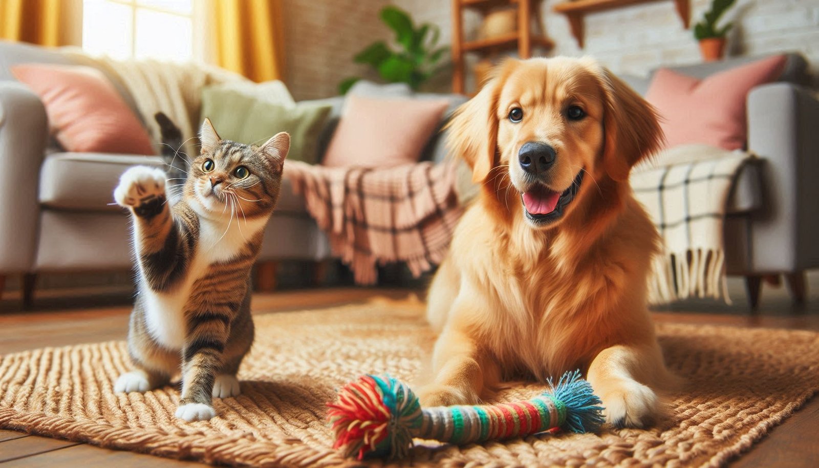 A cheerful golden retriever with a playful tabby cat swatting at a toy, set in a cozy room filled with plush furnishings.