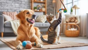 A cheerful golden retriever with a wagging tail and a playful tabby cat swatting at a toy, set in a cozy room filled with plush furnishings, conveying warmth and the bond between pets by understanding pet behavior.