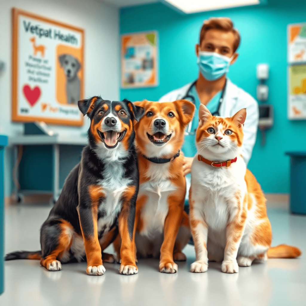 A happy dog and cat sit together in a veterinary clinic, while a veterinarian examines them. The background features veterinary tools and health po...