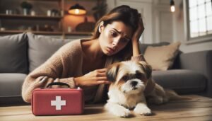 A concerned Caucasian woman kneels beside her small dog in a cozy household setting, her face displaying worry and care as she gazes intently at her pet. In the background, a table holds a first aid kit, highlighting the readiness for potential emergencies with pet friendly first aid.