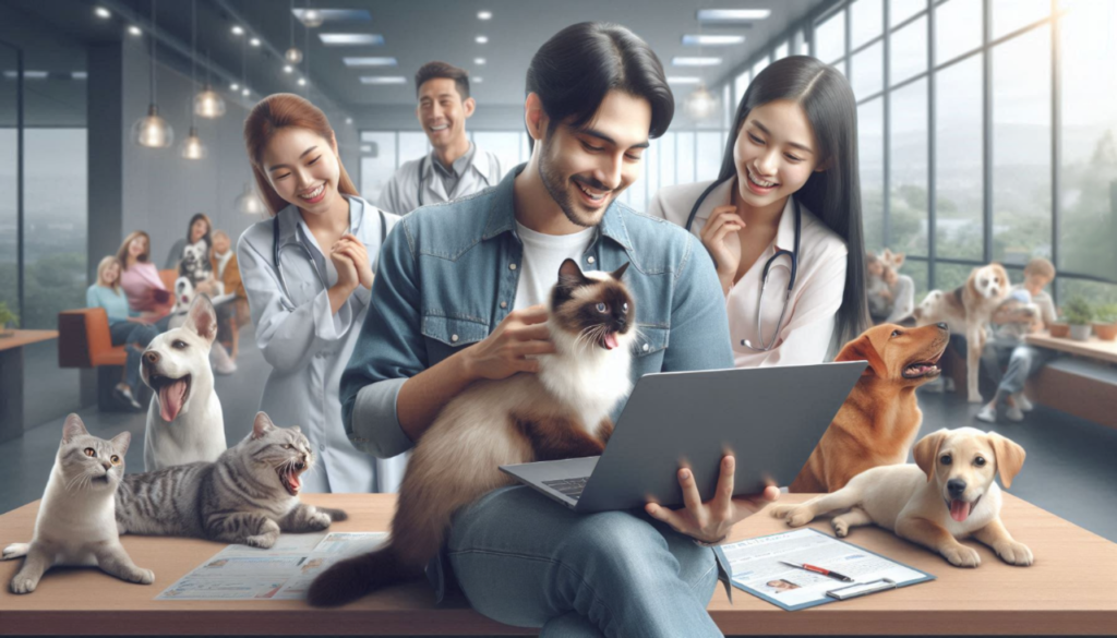 A Caucasian man is casually browsing a veterinary clinic website on a sleek laptop in the center of the image. To his left, an Asian woman joyfully interacts with her Siamese cat, while to his right, a Hispanic young lady lovingly pets her Labrador Retriever. The background showcases an atmosphere filled with happy dogs and cats of various breeds, highlighting a sense of community with veterinary web design and the strong bond between pet owners and their animals. The scene is rendered in a realistic style.
