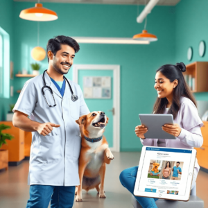 A vibrant veterinary clinic scene with a friendly veterinarian interacting with a happy pet owner and their playful dog, featuring social media ico...