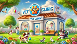 a vibrant cartoon scene of the exterior of a vet clinic, showcasing animals playing in the front yard and a sense of community and care for pet health that has experienced growthto veterinary marketing services.