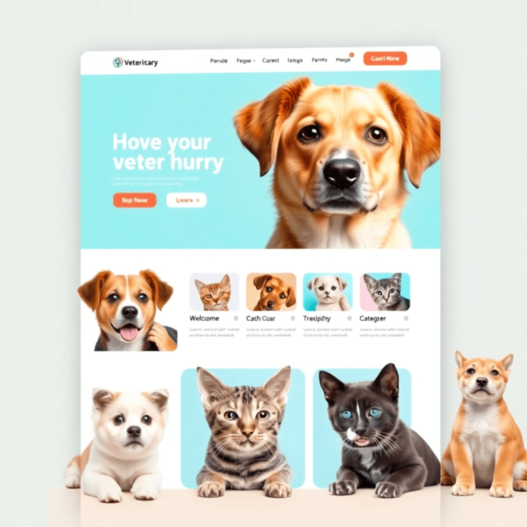 A modern veterinary website interface showcasing vibrant visuals of pets, interactive buttons, and a welcoming layout in bright colors, emphasizing...