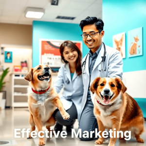 A smiling veterinarian interacts with a joyful dog and its owner in a modern clinic, surrounded by veterinary tools and pet care posters, creating a positive environment with facebook ads for veterinarians .