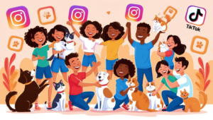 A cheerful scene of various pets, including dogs and cats, playfully interacting with their owners, surrounded by social media icons like Instagram and TikTok.